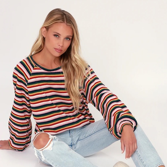 Rainbow Multi Stripe Balloon Sleeve Sweater Top NWOT - Picture 3 of 9